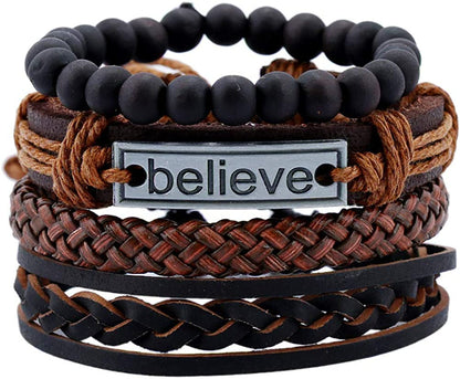 FLDC 4Pcs Braided Leather Wrap Bracelet for Men Women Cuff Bracelet Set Wood Bead Hemp Cord Woven Bracelet Wooden Beaded Multi Layer Wrist Bracelets Wristbands Adjustable Apparel & Accessories > Jewelry > Bracelets FLDC   
