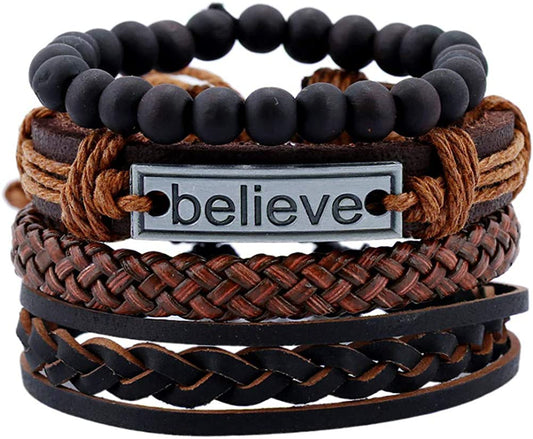 FLDC 4Pcs Braided Leather Wrap Bracelet for Men Women Cuff Bracelet Set Wood Bead Hemp Cord Woven Bracelet Wooden Beaded Multi Layer Wrist Bracelets Wristbands Adjustable Apparel & Accessories > Jewelry > Bracelets FLDC   