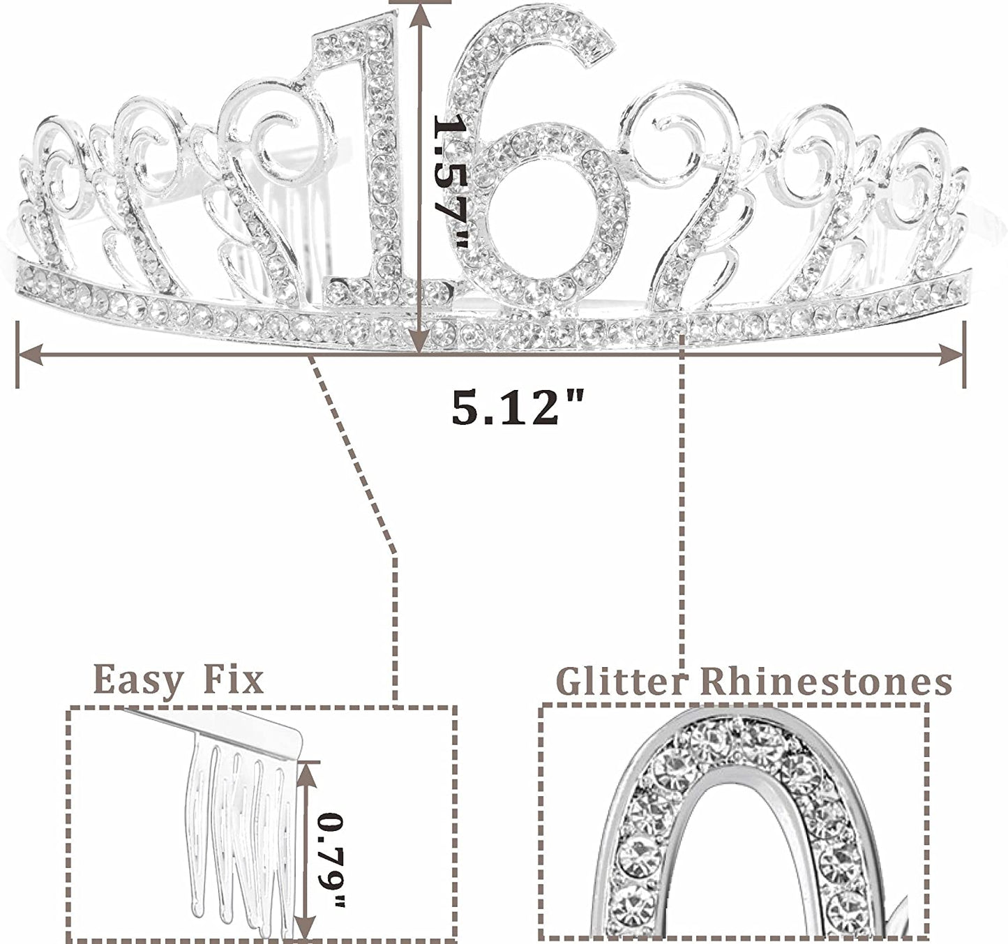 MEANT2TOBE 16Th Birthday Sash and Tiara for Girls - Fabulous Set: Glitter Sash + Floating Heart Rhinestone Silver Premium Metal Tiara, 16Th Birthday Gifts for Sweet 16 Birthday Party Apparel & Accessories > Clothing Accessories > Sashes MEANT2TOBE   