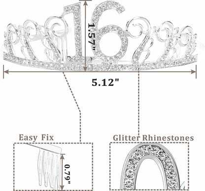 MEANT2TOBE 16Th Birthday Sash and Tiara for Girls - Fabulous Set: Glitter Sash + Floating Heart Rhinestone Silver Premium Metal Tiara, 16Th Birthday Gifts for Sweet 16 Birthday Party Apparel & Accessories > Clothing Accessories > Sashes MEANT2TOBE   