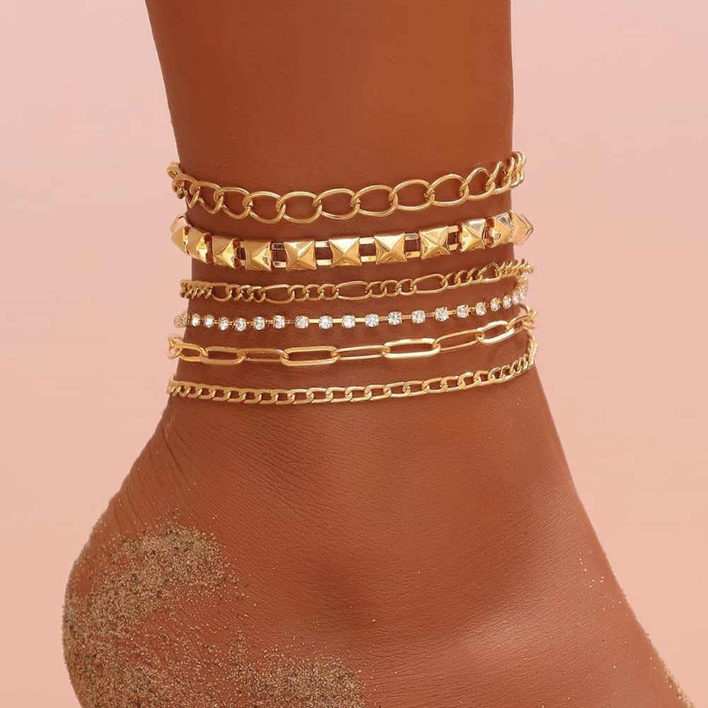 Generic Gold Ankle Chain Fashion Multilayer Punk Anklet Vintage Diamond Anklet for Women and Teen Girls 6Pcs Set Apparel & Accessories > Jewelry > Anklets Generic   