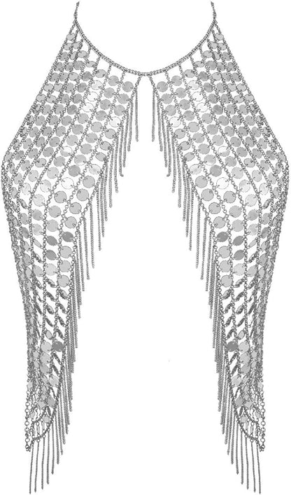 Ingemark Harness Waist Bikini Chain Shirt Bra Body Chain Outfits Bralette for Women Gold Silver Sequin Halter Backless Tank Top Bra Apparel & Accessories > Jewelry > Body Jewelry ZLZL Silver Metal Sequin  