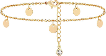 Gold Dainty Anklet,14K Gold Plated Boho CZ Star Beach Cute Pig Nose Tassel Disc Foot Chain Ankle Bracelet Lace Chain Anklet for Women… Apparel & Accessories > Jewelry > Anklets Mevecco Tassel Disc  