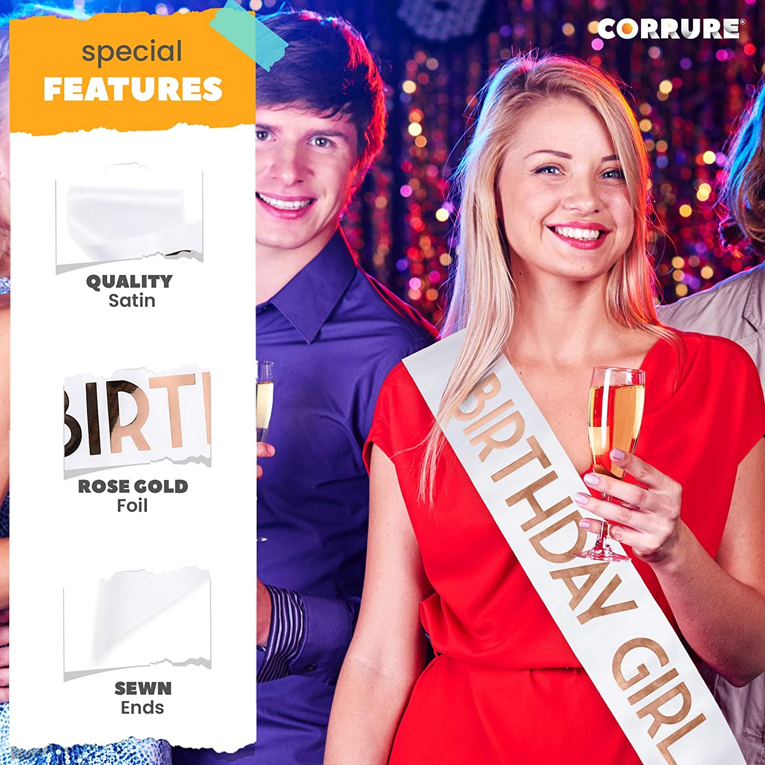 CORRURE 'Birthday Girl' Sash with Rose Gold Foil - Soft Satin White Sash for Women - Happy Birthday Sash for Sweet 16, 18Th 21St 25Th 30Th 40Th 50Th or Any Other Bday Party Apparel & Accessories > Clothing Accessories > Sashes Pego Brands General   