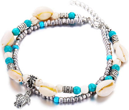 Softones Blue Starfish Turtle Anklet Multilayer Charm Beads Sea Handmade Boho Anklet Foot Jewelry for Women Girl Apparel & Accessories > Jewelry > Anklets Softones A:Turtle 3  