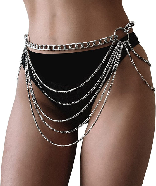 Body Chains Belts for Women Girls Sexy Waist Chain Rhinestone Body Jewelry Rave Outfits Festival Accessories Apparel & Accessories > Jewelry > Body Jewelry FNQUFUJ Silver01  