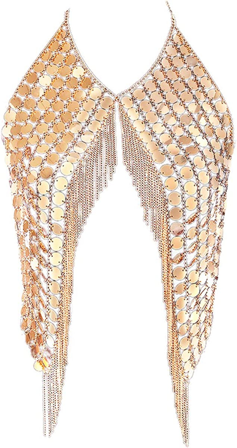 DOTASI Women'S Sexy Halter Backless Tank Top Bra Body Chain Necklace Tassels Party Apparel & Accessories > Jewelry > Body Jewelry DOTASI Gold01  