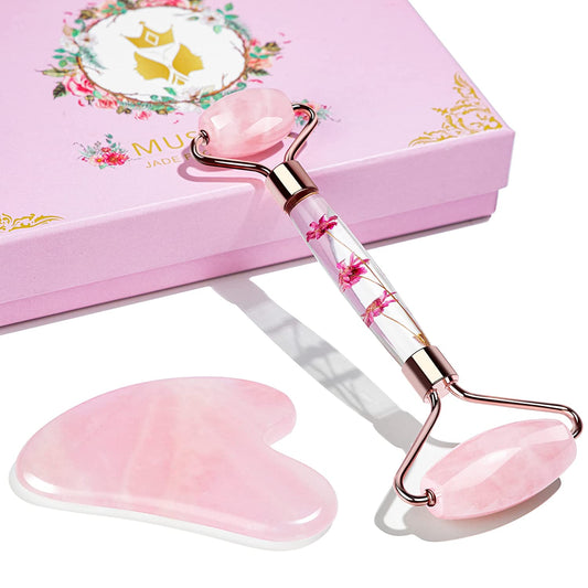 Guasha Tool for Face, Jade Roller and Gua Sha Set, Pink Facial Roller Skin Care Tool, for Face, Eye Massage (Rose Quartz) Health & Beauty > Personal Care > Cosmetics > Cosmetic Tools > Skin Care Tools MUSTHEO   