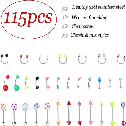 JOERICA 115 Pcs Body Piercing Jewelry for All Piercings 316L Stainless Steel Tongue Nipple Eyebrow Lip Belly Button Nose Tragus Horseshoe Barbell Rings Body Piercing for Women Piercings Jewelry Set 14G-20G Apparel & Accessories > Jewelry > Body Jewelry JOERICA   