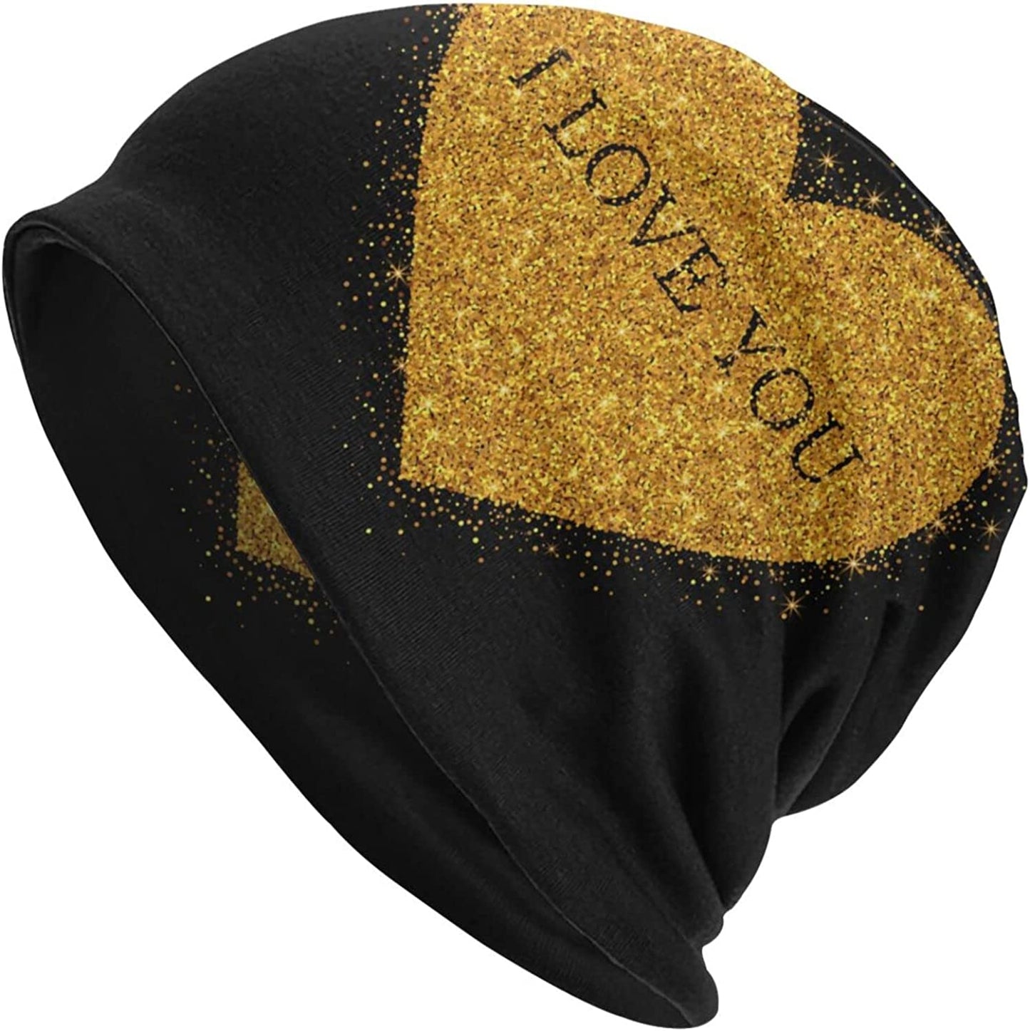 Gold Star Slouchy Beanie Chemo Headwear Knit Hat Scarf Sleep Skull Cap for Women Men Apparel & Accessories > Clothing Accessories > Headwear ybovejuk Gold Glitter Heart on Black One Size 