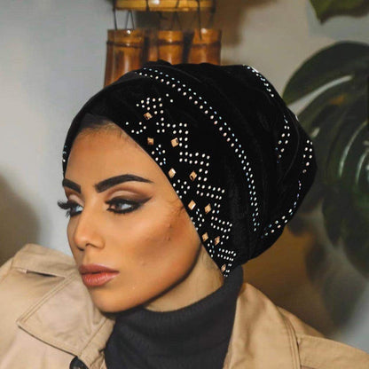 Bohend Vintage Rhinestone Turban Sleep Headwrap Wide Sparkly Sleep Turban Headband Crystal Muslim Hat Headwear Beanie Pre-Tied Bonnet Velvet Hat Cap Hair Wrap for Women and Girls (Wine Red) Apparel & Accessories > Clothing Accessories > Headwear Bohend Black  