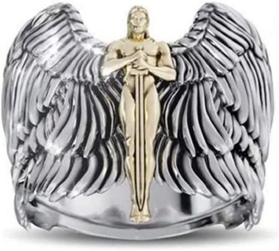 925 Sterling Silver 18K Gold Warrior Sword Angel Wings Two Color Men'S Domineering Diamond Ring Size 6-10 Clear Gold Size 8