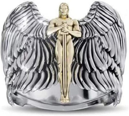 925 Sterling Silver 18K Gold Warrior Sword Angel Wings Two Color Men'S Domineering Diamond Ring Size 6-10 Clear Gold Size 8