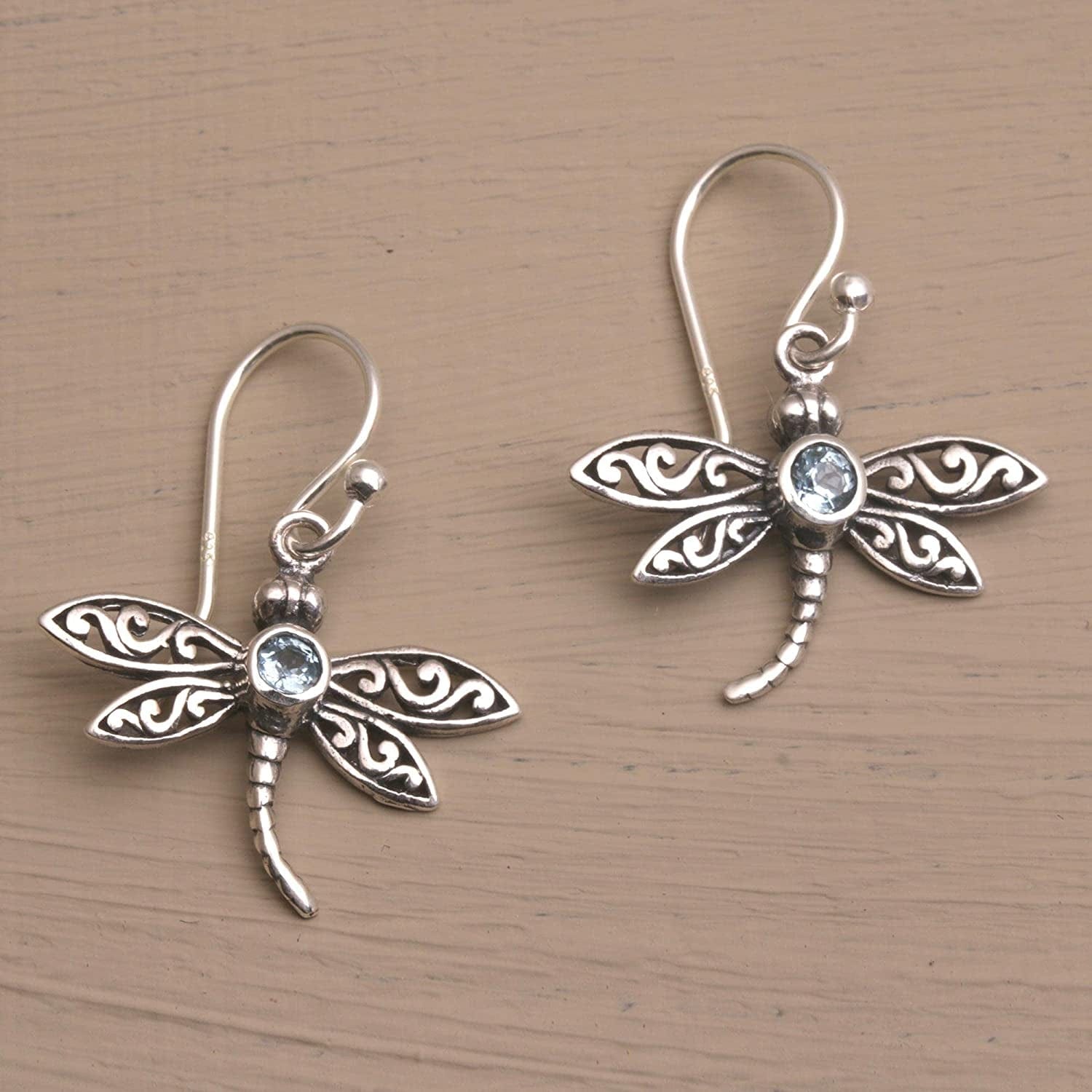 .925 Sterling Silver and Blue Topaz Dangle Earrings, Enchanted Dragonfly'