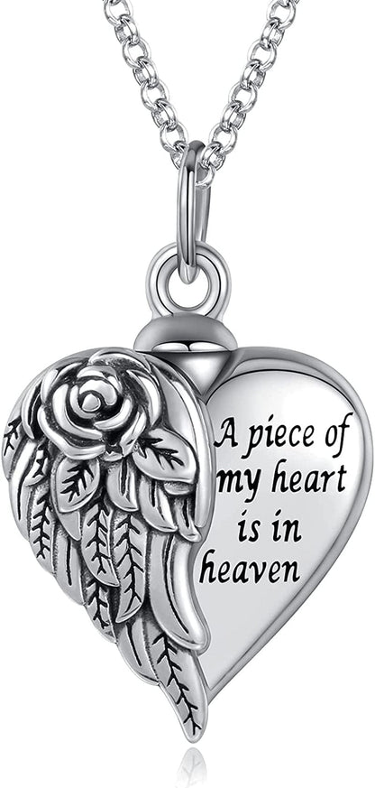 925 Sterling Silver Angel Wing Heart Urn Pendant Necklace for Ashes - a Piece of My Heart Is in Heaven Memorial Keepsake Cremation Jewelry Rose