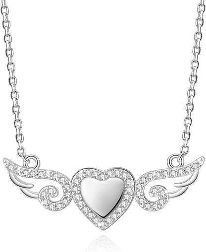 925 Sterling Silver Angel Wings Love Heart Cremation Jewelry for Ashes Memorial Urn Pendant Necklace for Women Gift White / fixed angle wings / love heart-10mm