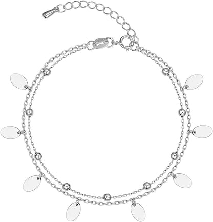 925 Sterling Silver Ankle Bracelet Multilayer Anklets for Women Satellite, Star, Cross, Circle, Butterfly, Teardrop, Oval Disk Layered Anklet Beach Jewelry Apparel & Accessories > Jewelry > Anklets CHIC & ARTSY oval disk/satellite layered  