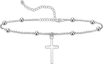 925 Sterling Silver Ankle Bracelet Multilayer Anklets for Women Satellite, Star, Cross, Circle, Butterfly, Teardrop, Oval Disk Layered Anklet Beach Jewelry Apparel & Accessories > Jewelry > Anklets CHIC & ARTSY cross  