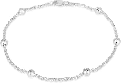925 Sterling Silver Anklets for Women, Ankle Bracelets for Women, Basic Chain Link Anklets for Women, Girls Anklets, Beach Anklets, Bead Anklet, Summer Jewelry, 10 Inch Anklet Apparel & Accessories > Jewelry > Anklets Verona Jewelers ROPE/5MM Bead  