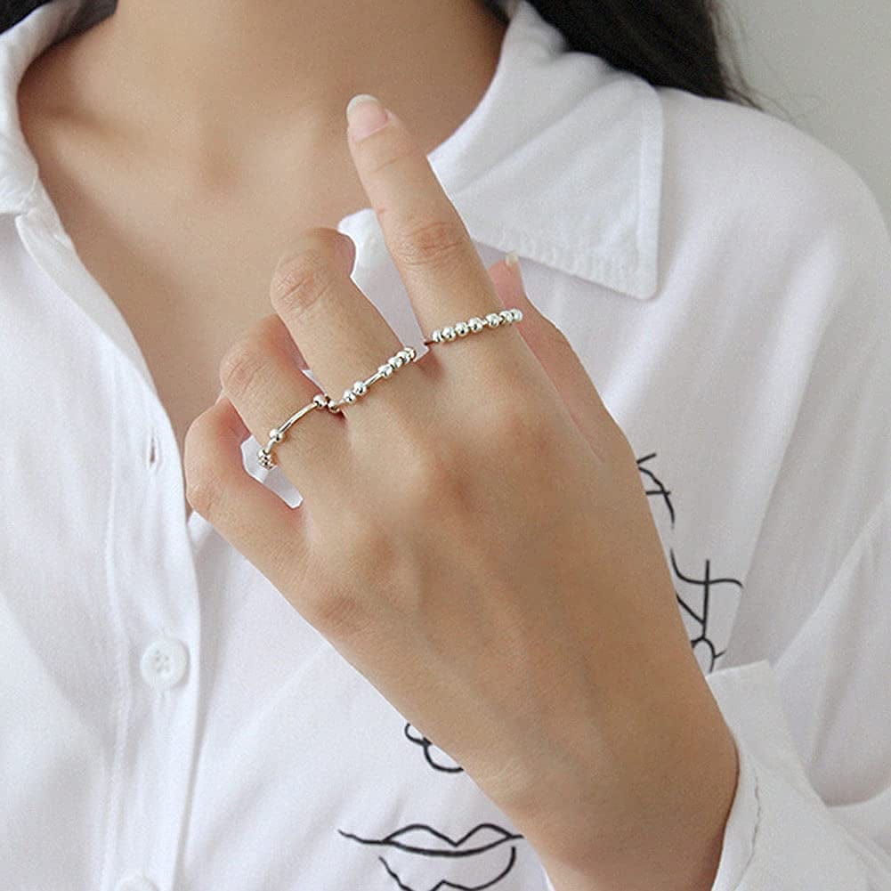 925 Sterling Silver anti Anxiety Ring for Women Men Fidget Rings for Anxiety Anxiety Ring with Beads Spinner Ring for Anxiety Spinning Ring