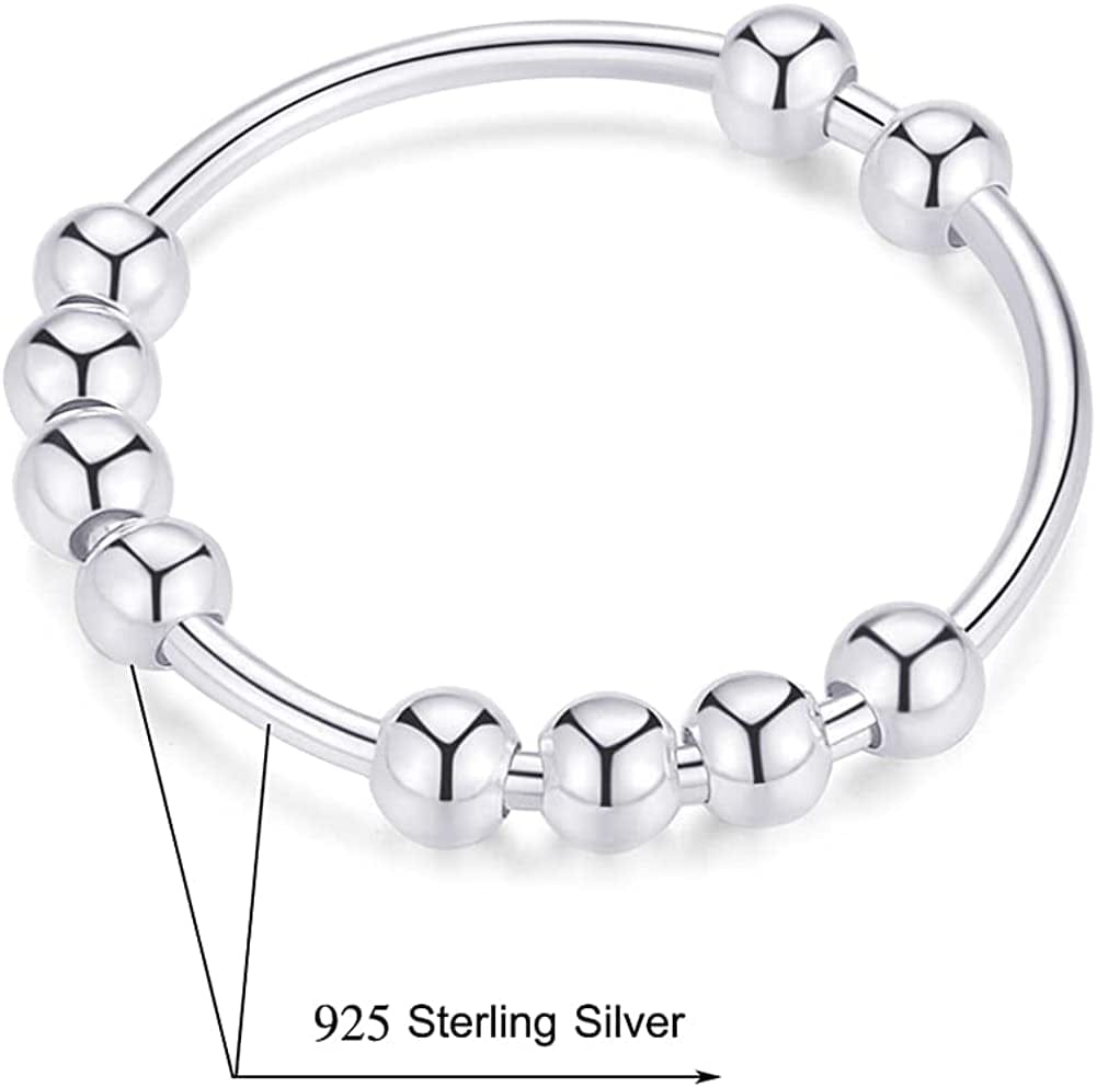 925 Sterling Silver anti Anxiety Ring for Women Men Fidget Rings for Anxiety Anxiety Ring with Beads Spinner Ring for Anxiety Spinning Ring
