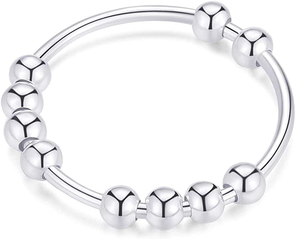 925 Sterling Silver anti Anxiety Ring for Women Men Fidget Rings for Anxiety Anxiety Ring with Beads Spinner Ring for Anxiety Spinning Ring silver / 4.5