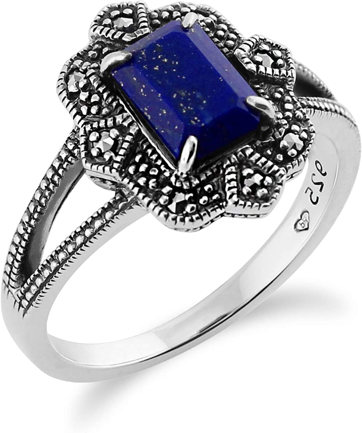 925 Sterling Silver Art Deco Lapiz Lazuli & Marcasite Ring