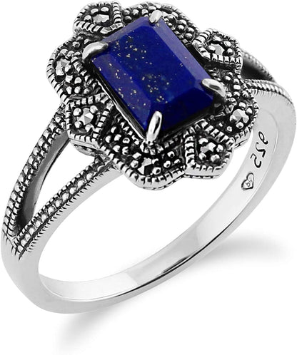 925 Sterling Silver Art Deco Lapiz Lazuli & Marcasite Ring