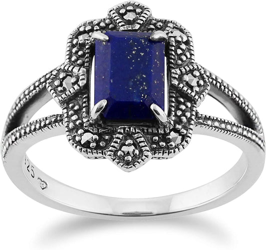925 Sterling Silver Art Deco Lapiz Lazuli & Marcasite Ring 11
