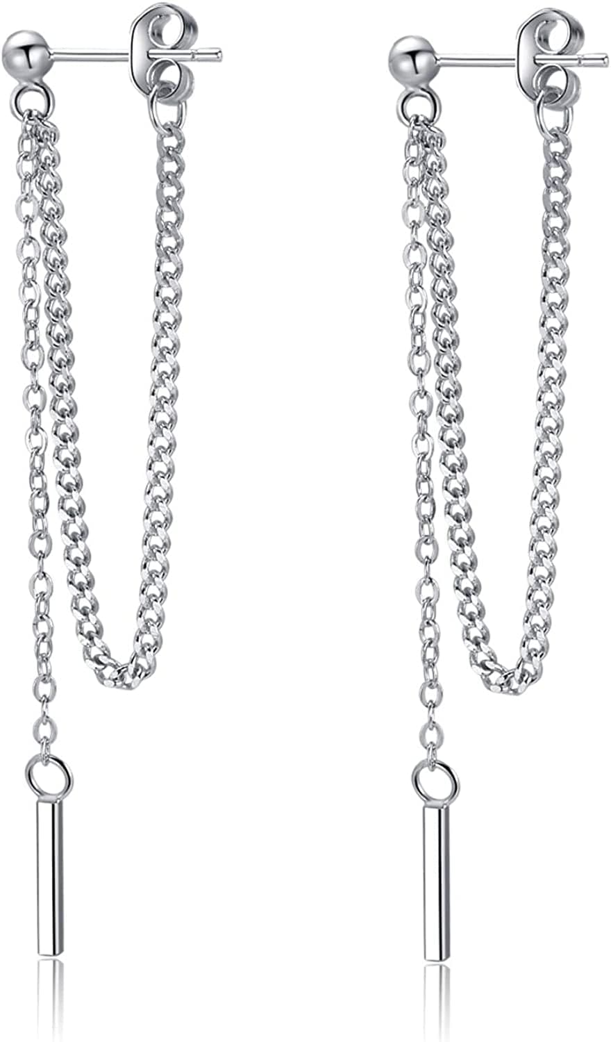 925 Sterling Silver Bar Dangle Earrings for Women Teen Girls Threader Earrings Chain A-Silver