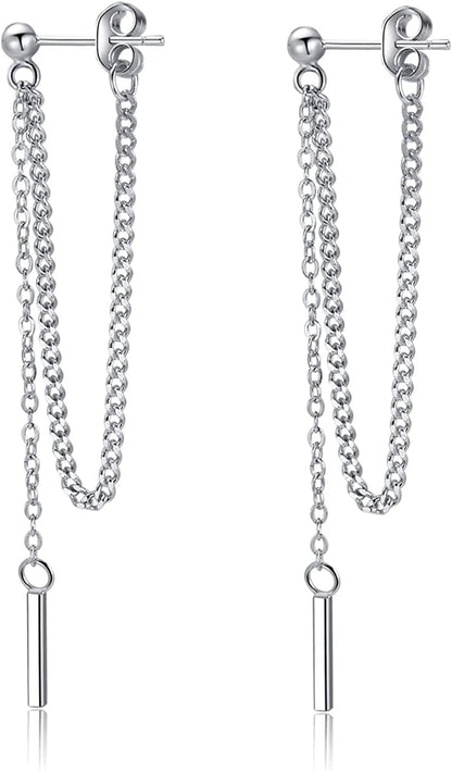 925 Sterling Silver Bar Dangle Earrings for Women Teen Girls Threader Earrings Chain A-Silver
