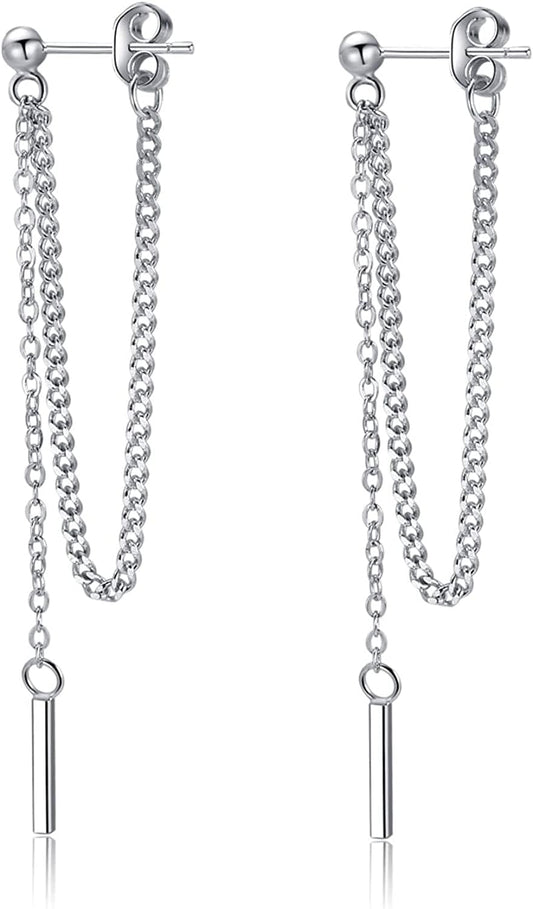 925 Sterling Silver Bar Dangle Earrings for Women Teen Girls Threader Earrings Chain A-Silver