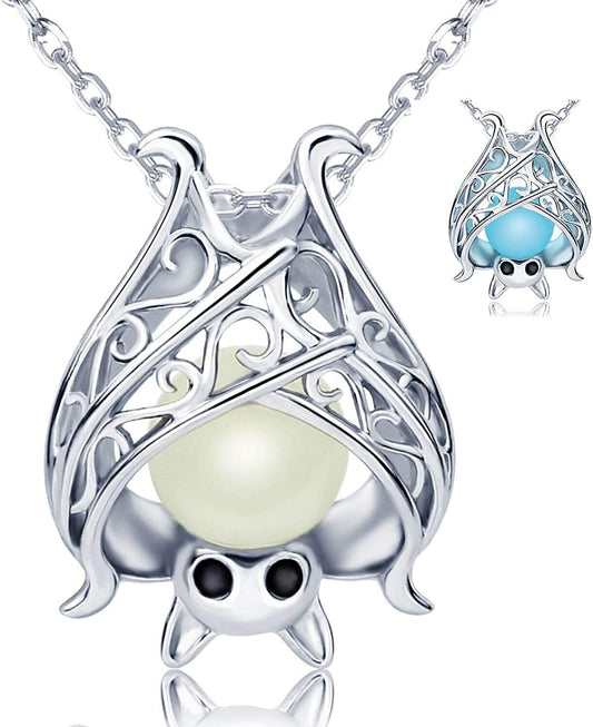 925 Sterling Silver Bat Necklace Earrings Bracelet Cute Animal Glowing in the Dark Halloween Jewelry Gift for Women Girl Necklace