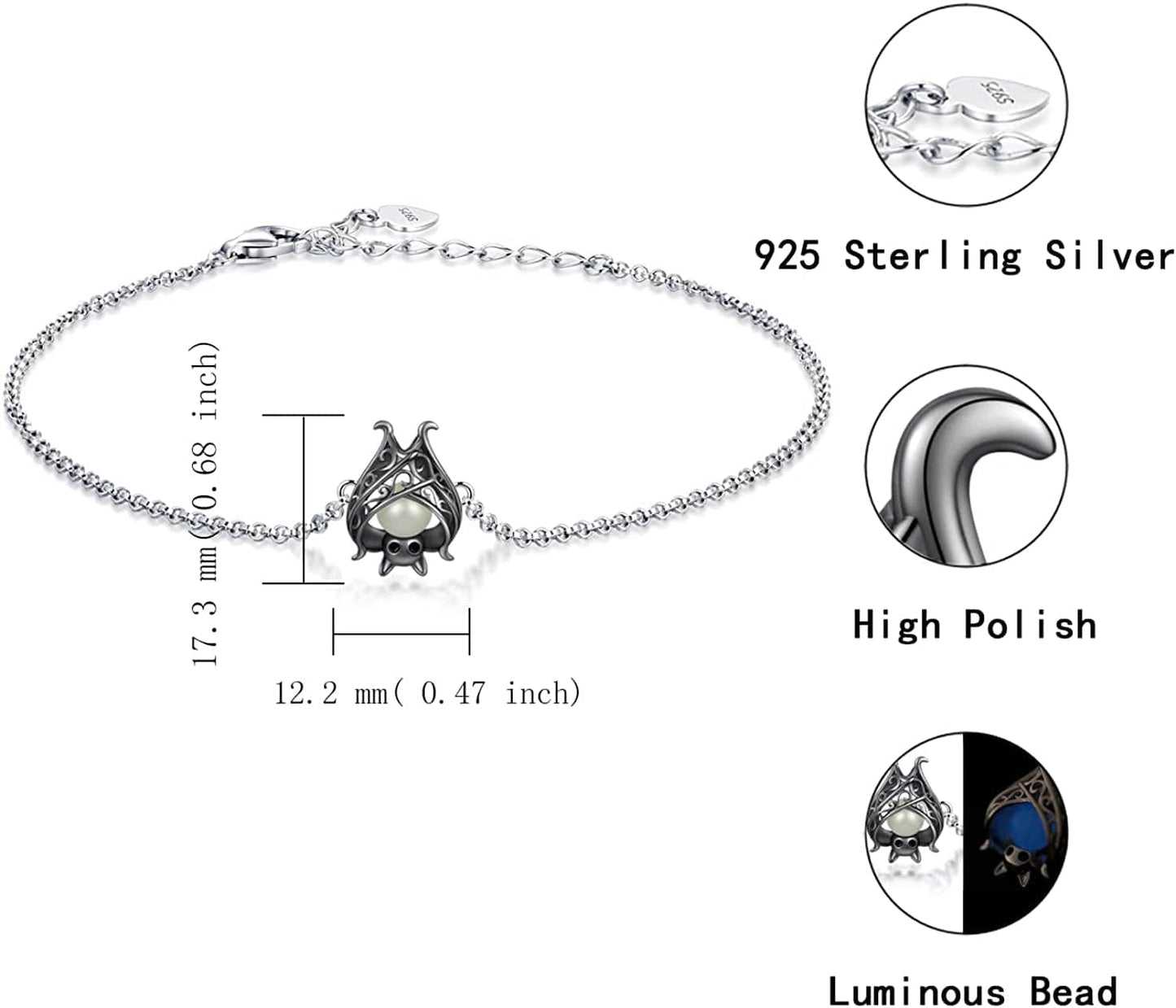 925 Sterling Silver Bat Necklace Earrings Bracelet Cute Animal Glowing in the Dark Halloween Jewelry Gift for Women Girl Apparel & Accessories > Jewelry > Bracelets APOTIE   
