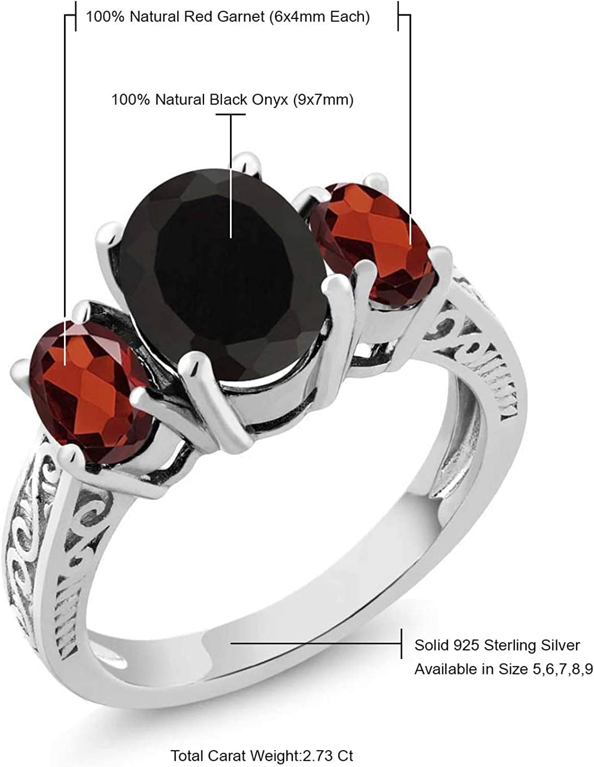 925 Sterling Silver Black Onyx and Red Garnet 3 Stone Women'S Ring (2.73 Cttw, Gemstone Birthstone, Available in Size 5, 6, 7, 8, 9)