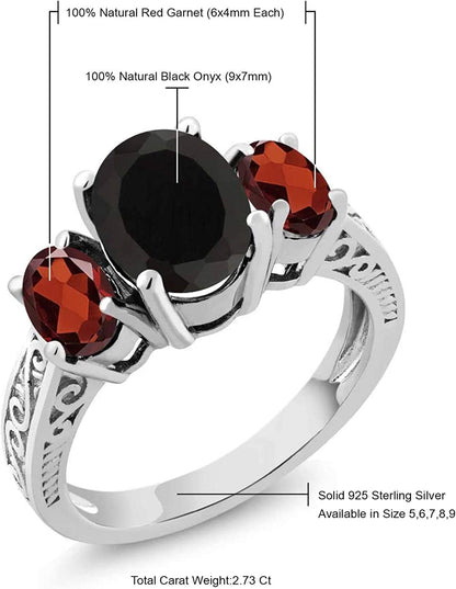 925 Sterling Silver Black Onyx and Red Garnet 3 Stone Women'S Ring (2.73 Cttw, Gemstone Birthstone, Available in Size 5, 6, 7, 8, 9)