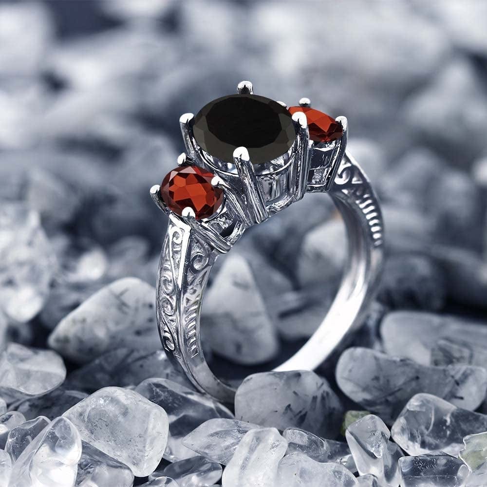 925 Sterling Silver Black Onyx and Red Garnet 3 Stone Women'S Ring (2.73 Cttw, Gemstone Birthstone, Available in Size 5, 6, 7, 8, 9)