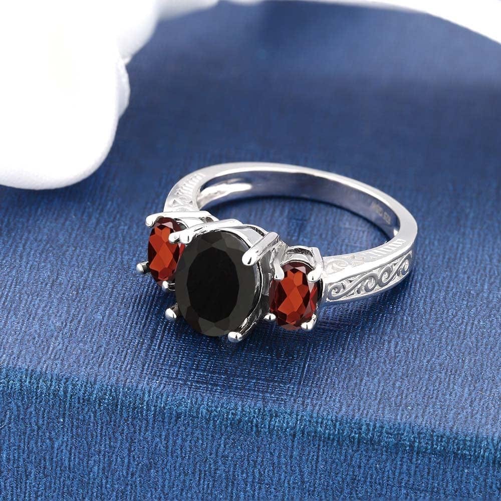 925 Sterling Silver Black Onyx and Red Garnet 3 Stone Women'S Ring (2.73 Cttw, Gemstone Birthstone, Available in Size 5, 6, 7, 8, 9)