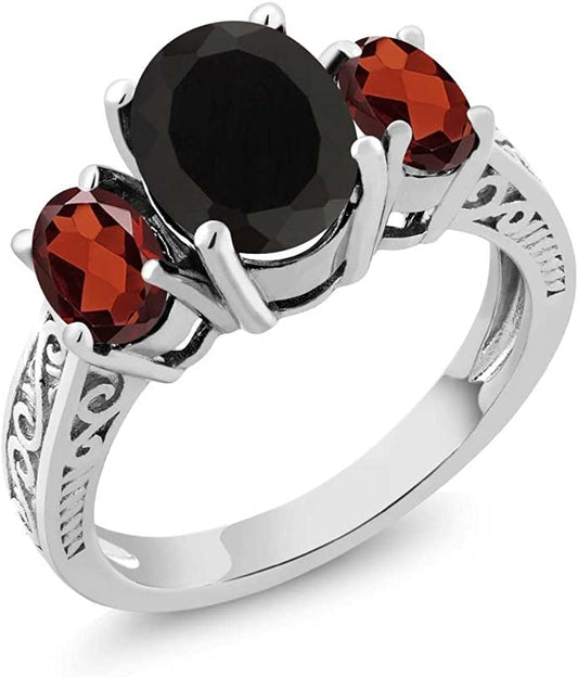 925 Sterling Silver Black Onyx and Red Garnet 3 Stone Women'S Ring (2.73 Cttw, Gemstone Birthstone, Available in Size 5, 6, 7, 8, 9) 5