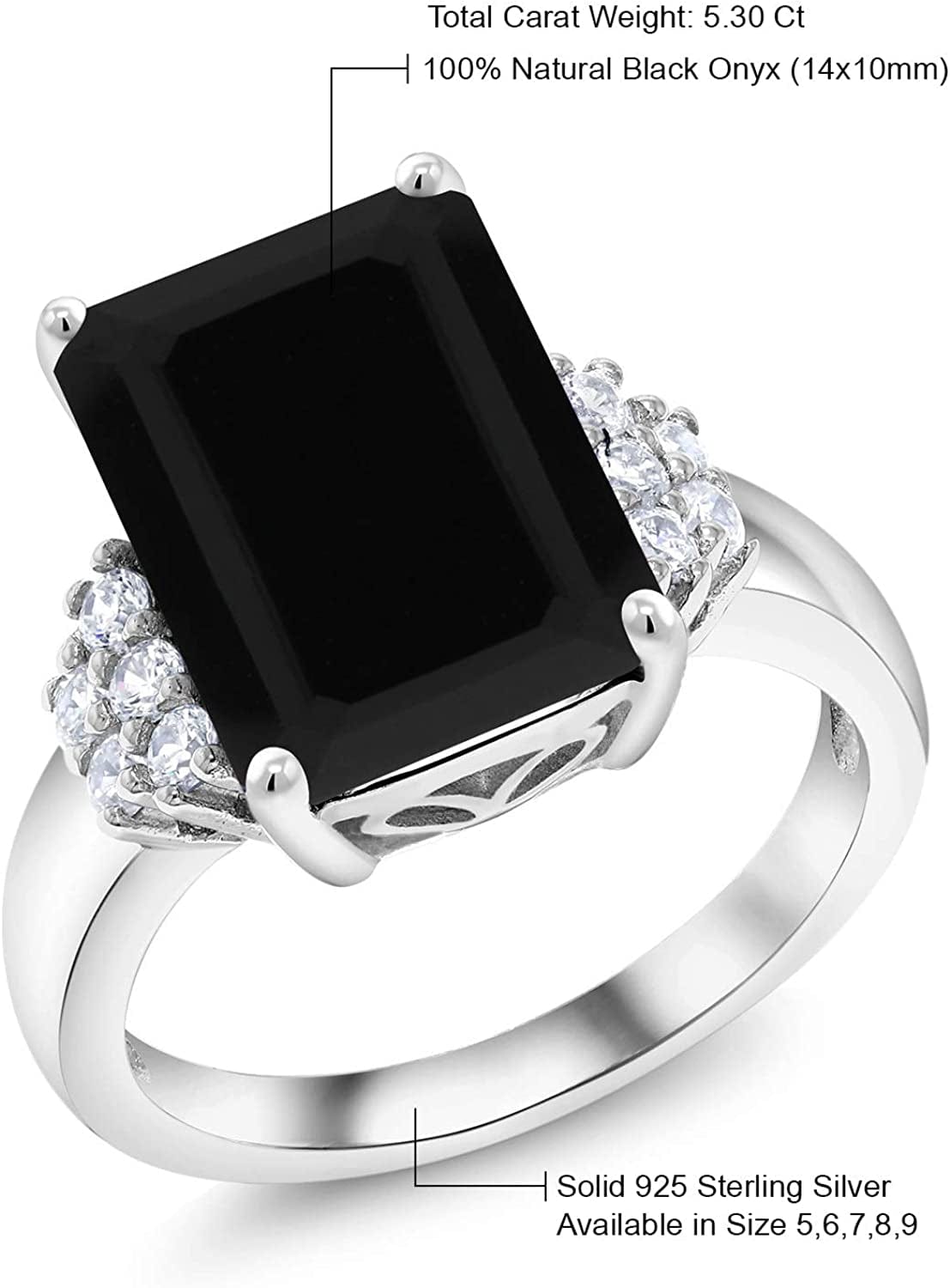 925 Sterling Silver Black Onyx Women'S Engagement Ring (5.30 Cttw, Emerald Cut 14X10MM, Gemstone Birthstone, Available in Size 5, 6, 7, 8, 9)
