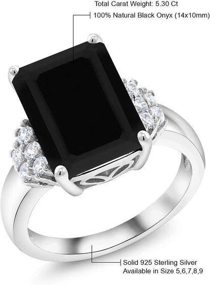 925 Sterling Silver Black Onyx Women'S Engagement Ring (5.30 Cttw, Emerald Cut 14X10MM, Gemstone Birthstone, Available in Size 5, 6, 7, 8, 9)
