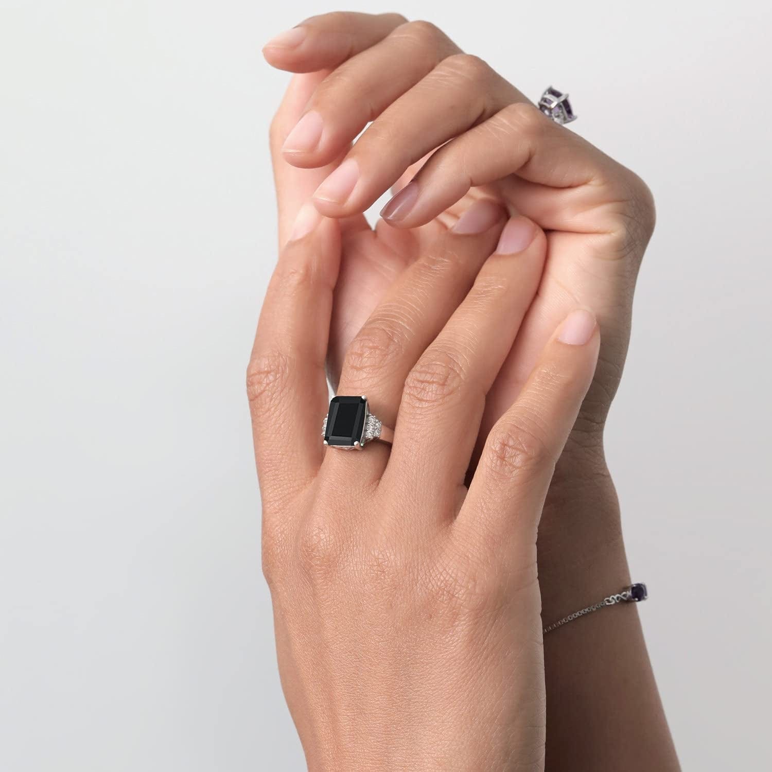 925 Sterling Silver Black Onyx Women'S Engagement Ring (5.30 Cttw, Emerald Cut 14X10MM, Gemstone Birthstone, Available in Size 5, 6, 7, 8, 9)