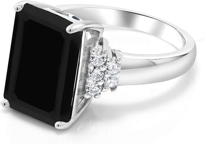 925 Sterling Silver Black Onyx Women'S Engagement Ring (5.30 Cttw, Emerald Cut 14X10MM, Gemstone Birthstone, Available in Size 5, 6, 7, 8, 9)