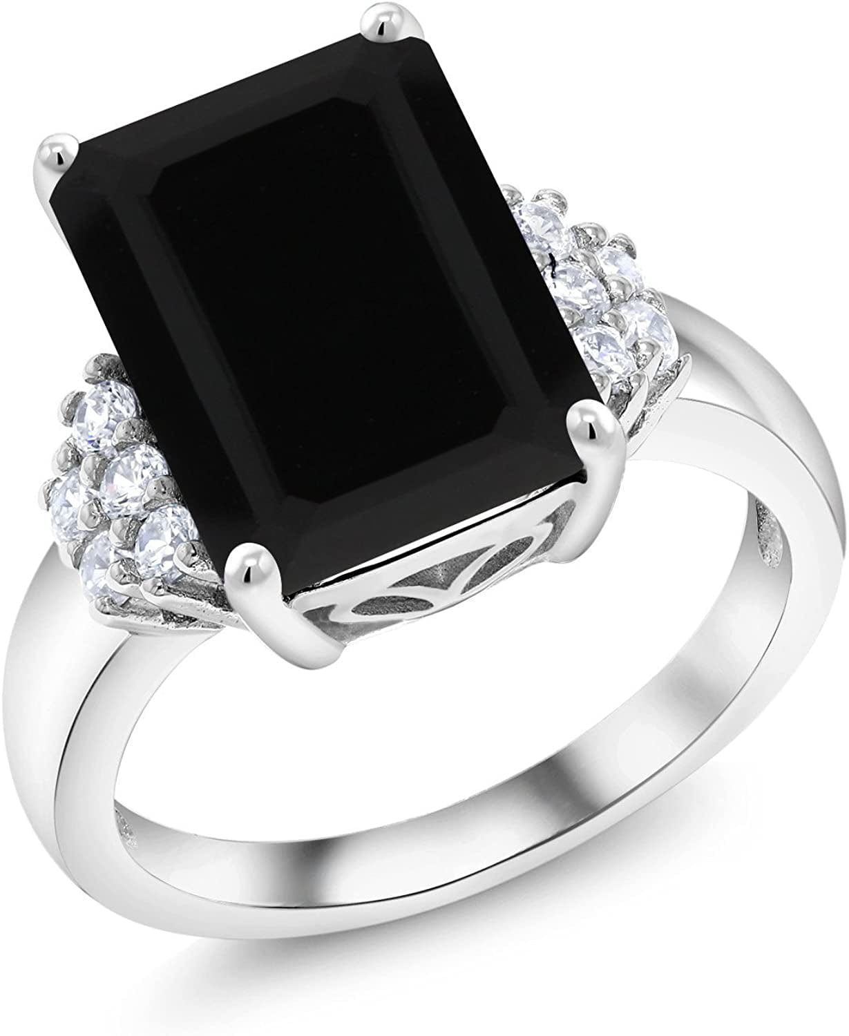 925 Sterling Silver Black Onyx Women'S Engagement Ring (5.30 Cttw, Emerald Cut 14X10MM, Gemstone Birthstone, Available in Size 5, 6, 7, 8, 9)