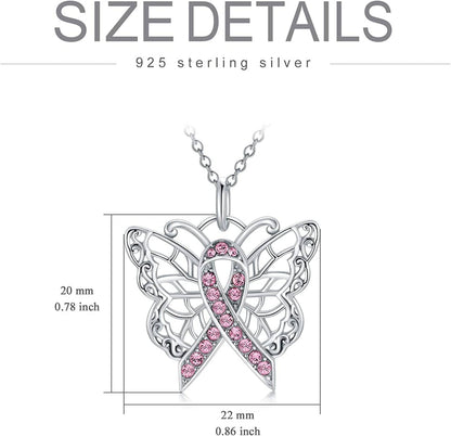 925 Sterling Silver Butterfly/Dragonfly Breast Cancer Awareness Pink Ribbon Pendant Necklace with Austrian Crystals, Breast Cancer Survivor Gifts for Women