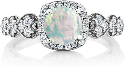 925 Sterling Silver Cabochon White Simulated Opal Women'S Ring 0.62 Ctw round (Available 5,6,7,8,9)