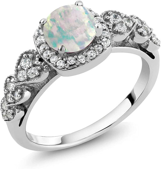925 Sterling Silver Cabochon White Simulated Opal Women'S Ring 0.62 Ctw round (Available 5,6,7,8,9) 7