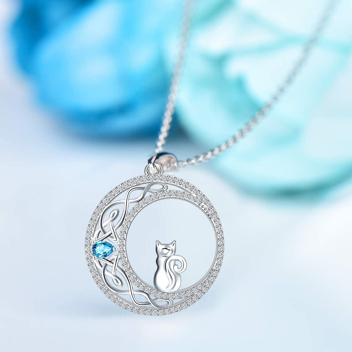 925 Sterling Silver Cat Necklace for Women Girl Celtic Moon Cat Love Heart Sunflower Pendant Necklace Birthday Mother'S Day Jewelry Gift for Mom Wife Girlfriend Daughter