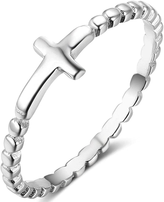 925 Sterling Silver Christian Religious Cross Classical Simple Plain Ring Silver-Hammered Sideways Cross / 5.5