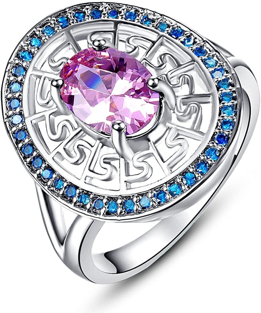 925 Sterling Silver Created Blue Sapphire Filled Double Halo Split Shank Band Ring A-Pink / 6